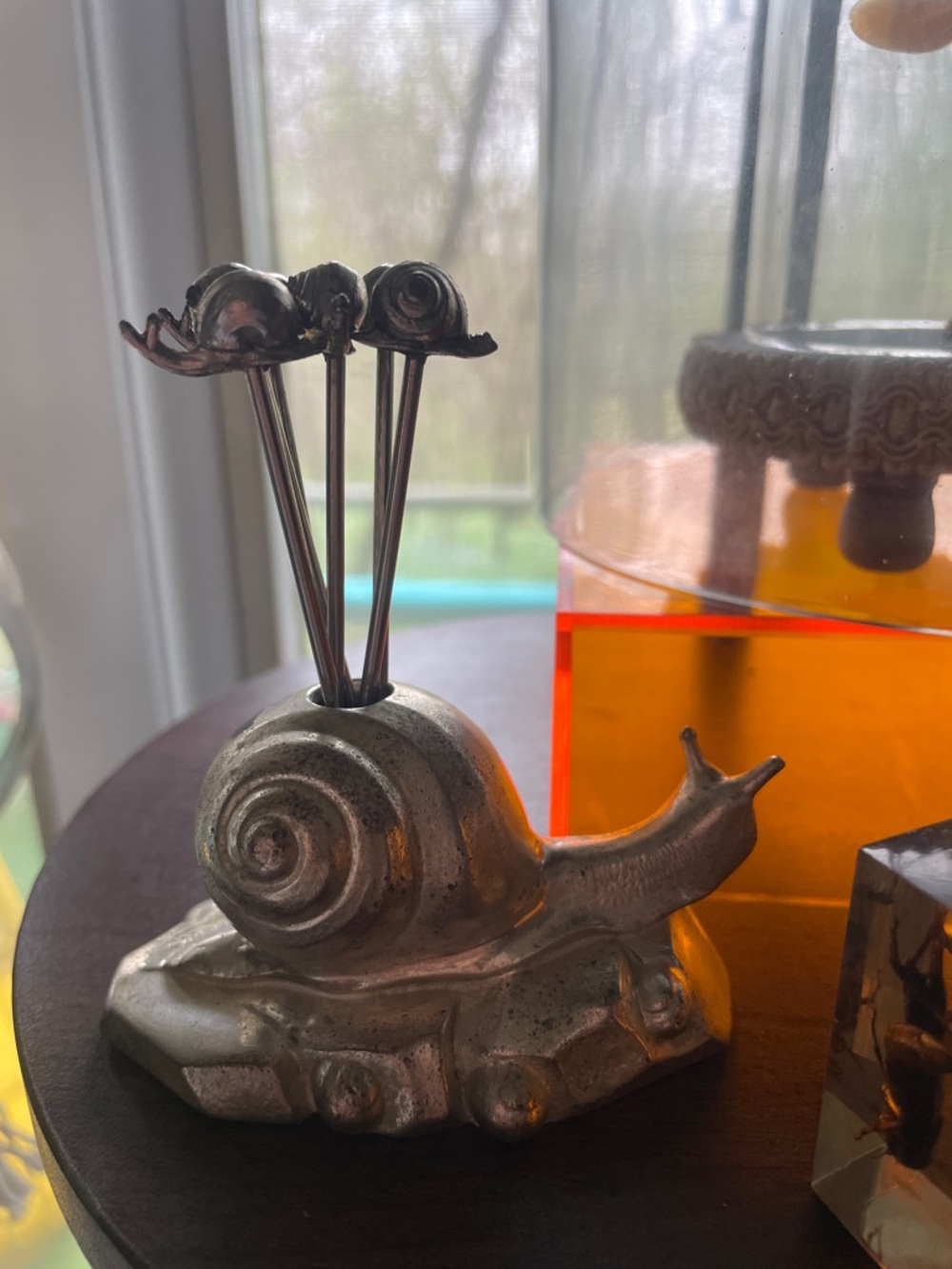 Silver Snail Toothpick Holder with  snail  Picks